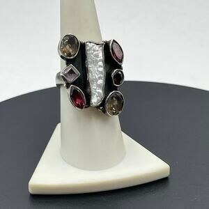 Sterling Silver Vintage Baroque Pearl MultiGemstone Citrine‎ Amethyst Ring  7.75